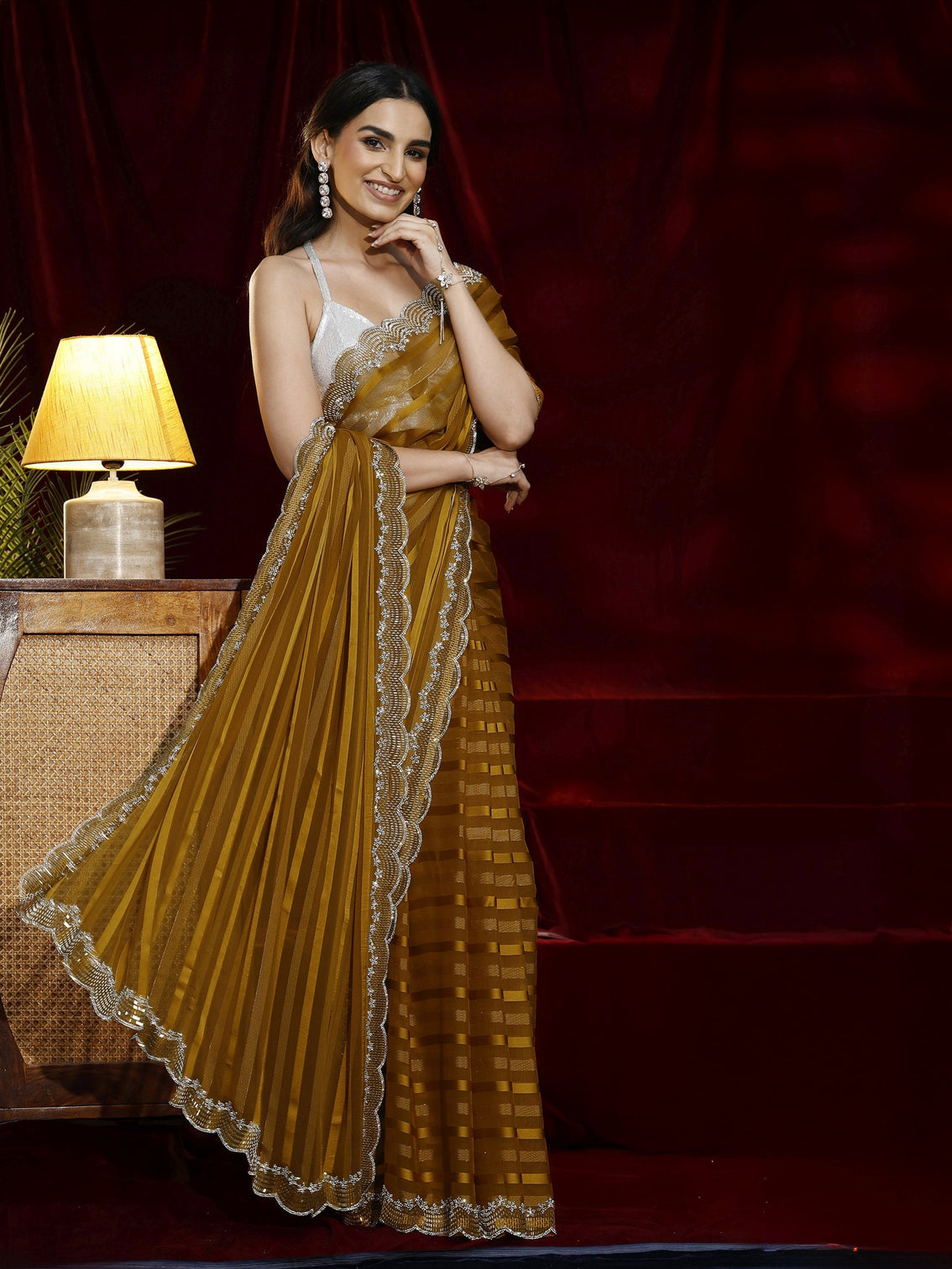 Mameraa Mustard Striped Net Saree