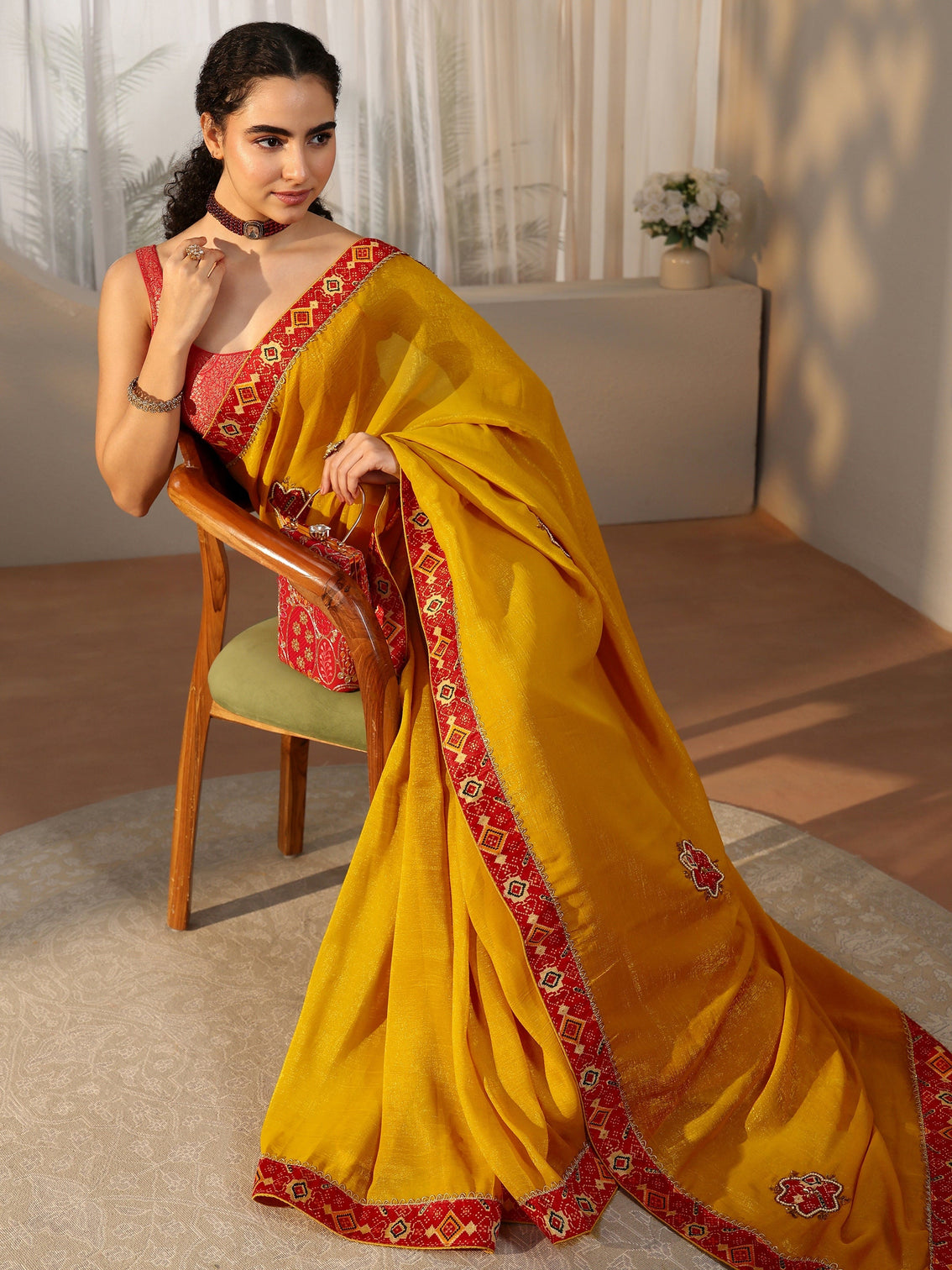 Mameraa Mustard Tissue Saree with Patola Border