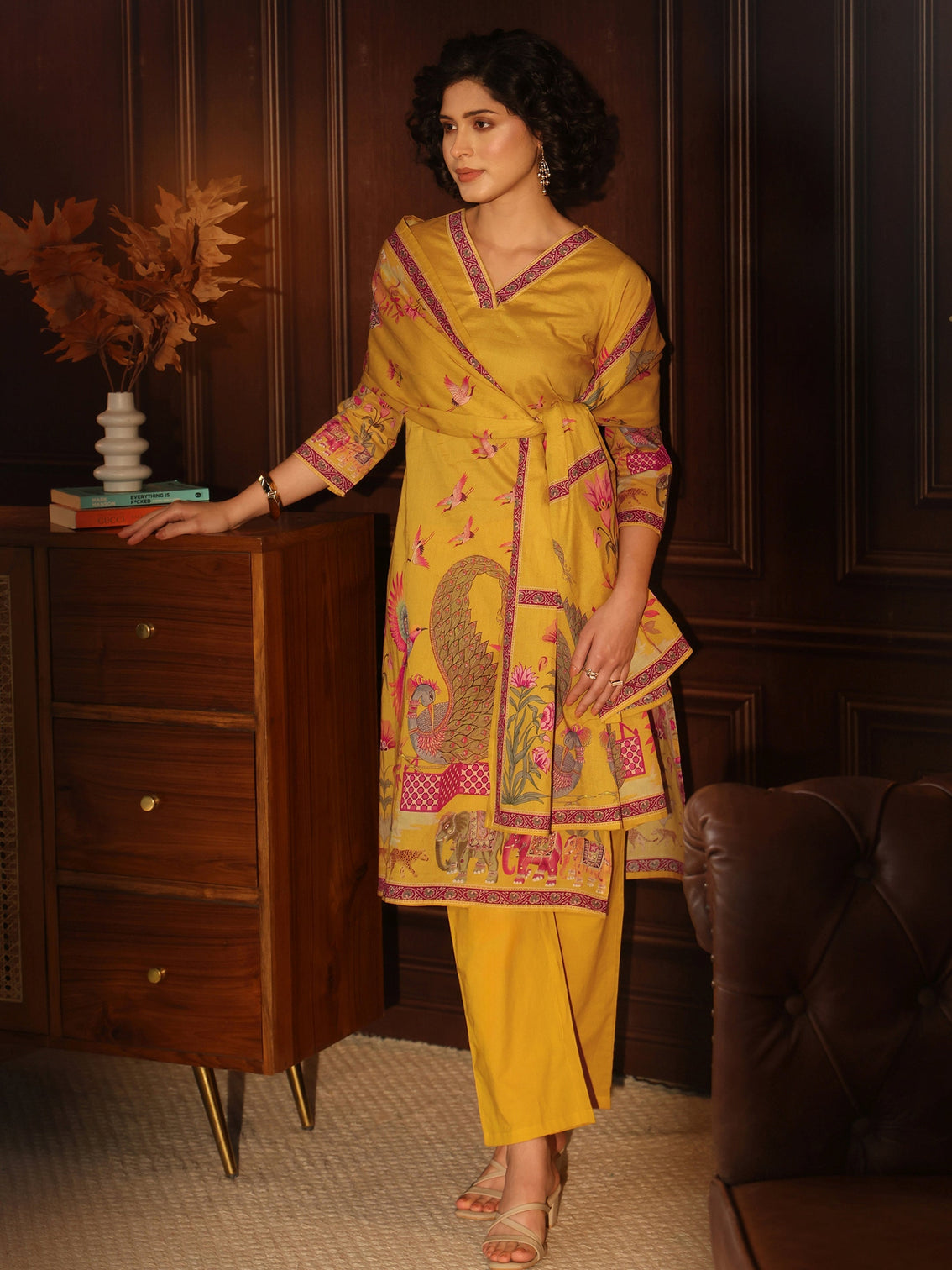 Mameraa Mustard Tribal Printed Cotton Straight Suit Set