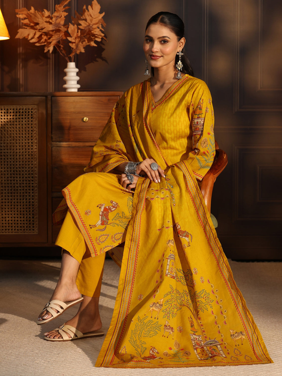 Mameraa Mustard Tribal Printed Cotton Straight Suit Set