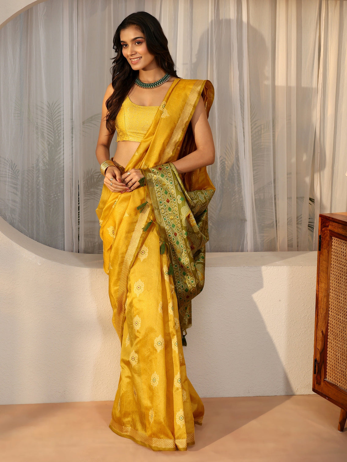 Mameraa Mustard Woven Design Silk Blend Saree