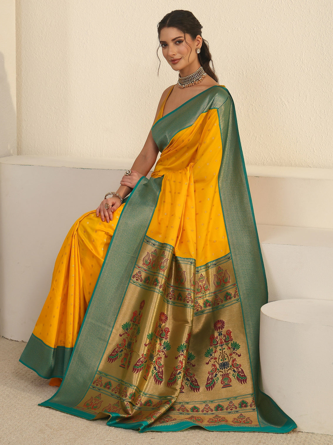 Mameraa Mustard Woven Design Silk Blend Saree