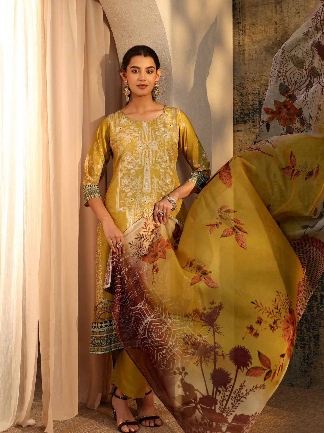 Mameraa Mustard Yellow Floral Printed Silk Blend Straight Suit Set