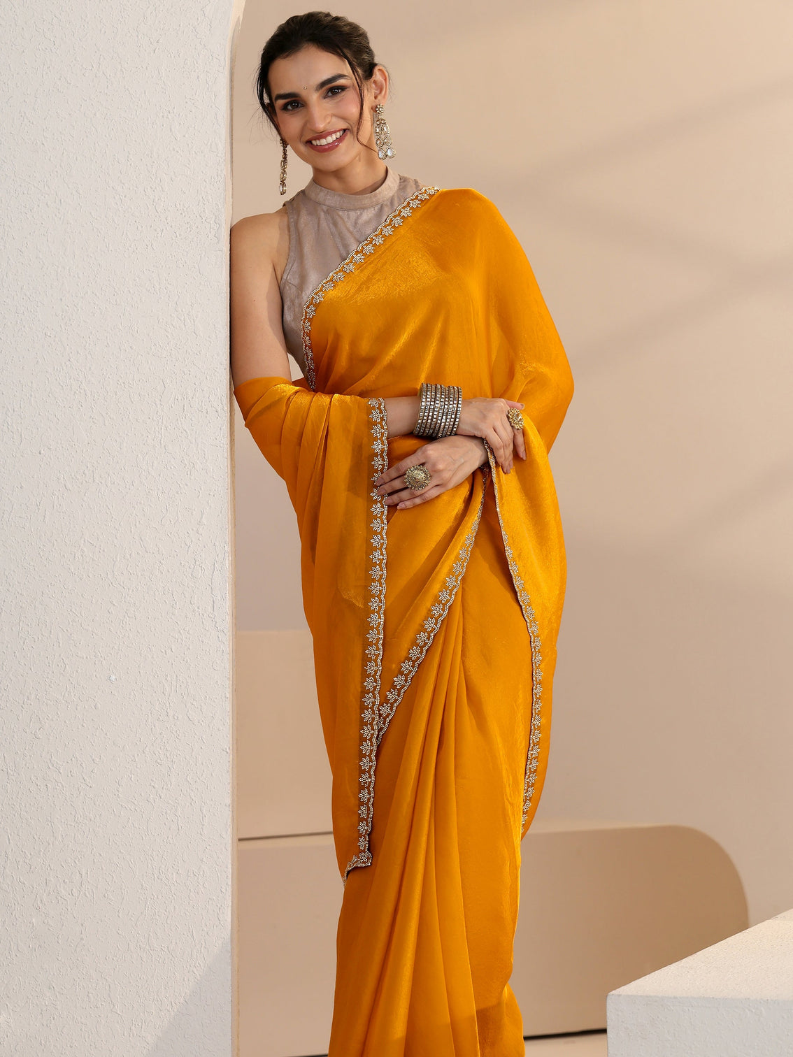 Mameraa Mustard Yellow Tissue Saree with Stone Work Border