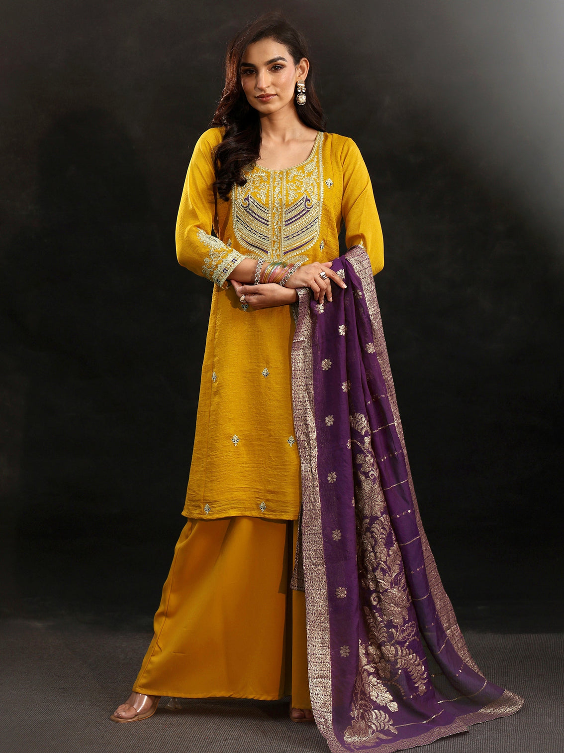 Mameraa Mustard Yoke Design Silk Blend Palazzo Suit Set