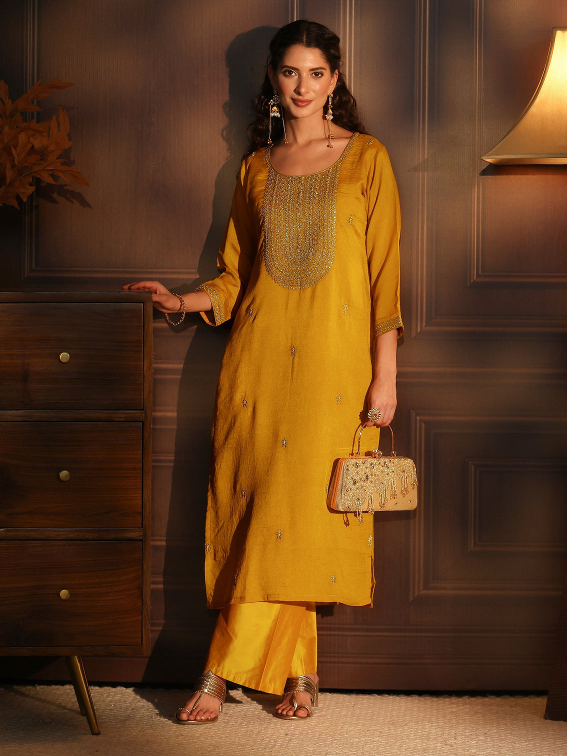 Mameraa Mustard Yoke Embroidered Silk Blend Straight Kurta