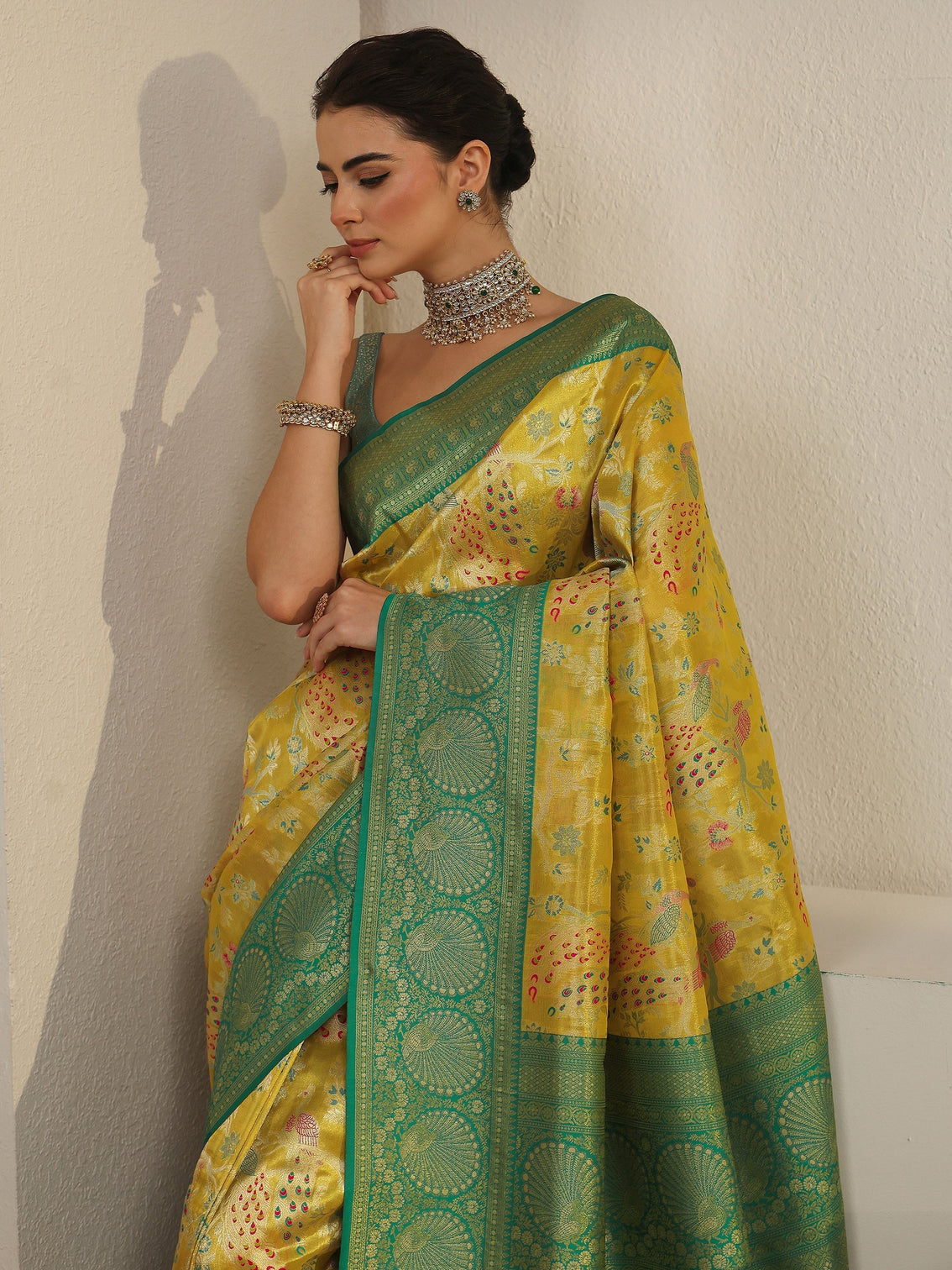 Mameraa Mustard and Green Floral Woven Design Silk Blend Saree