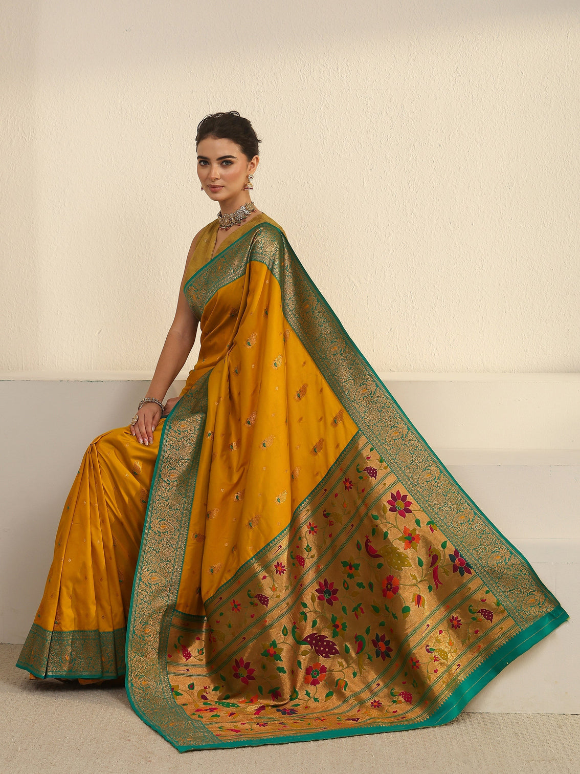 Mameraa Mustard and Green Silk Blend Paithani Saree