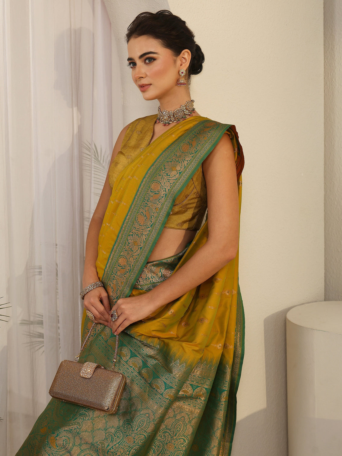 Mameraa Mustard and Green Woven Design Silk Blend Saree