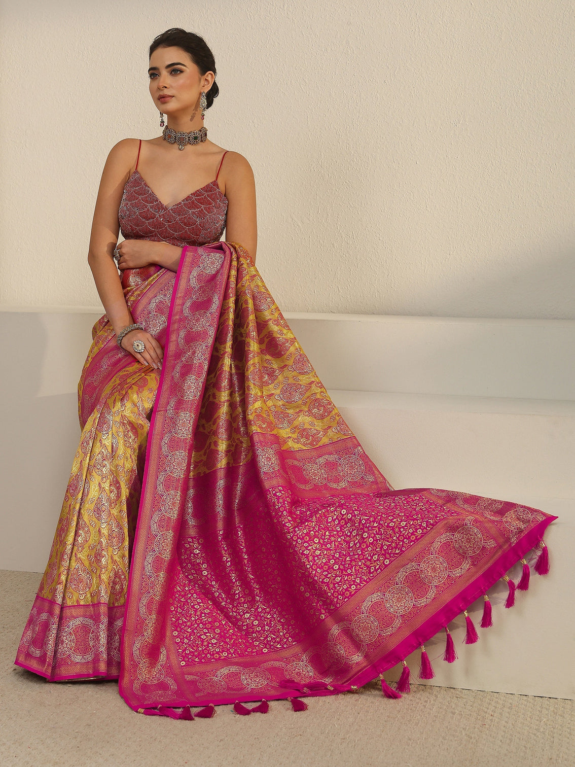 Mameraa Mustard and Pink Woven Design Silk Blend Saree