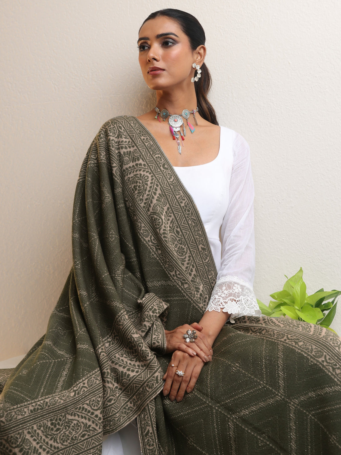 Mameraa Muted Moss Green Knitted Acrylic Wrap Shawl