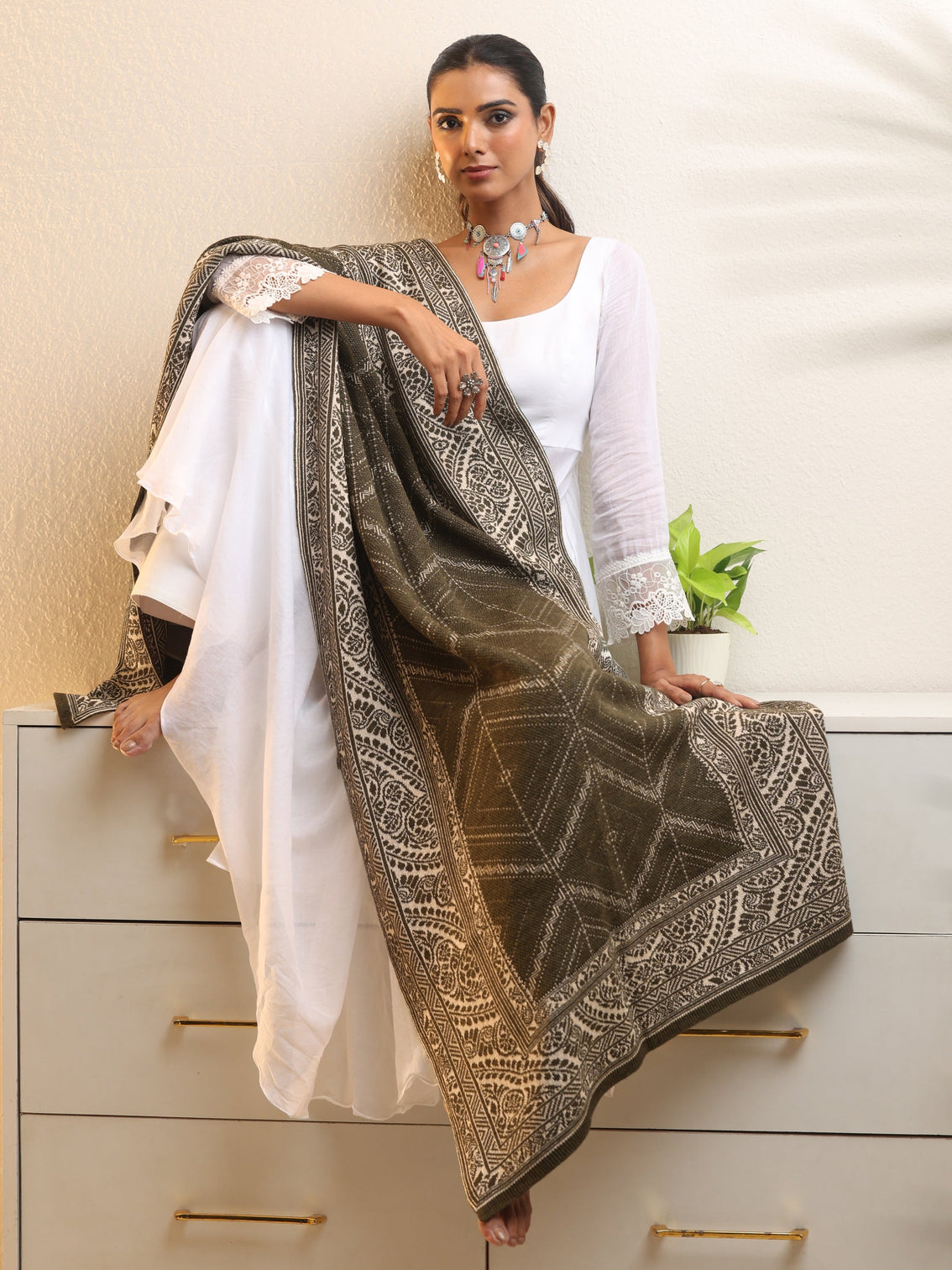 Mameraa Muted Moss Green Knitted Acrylic Wrap Shawl