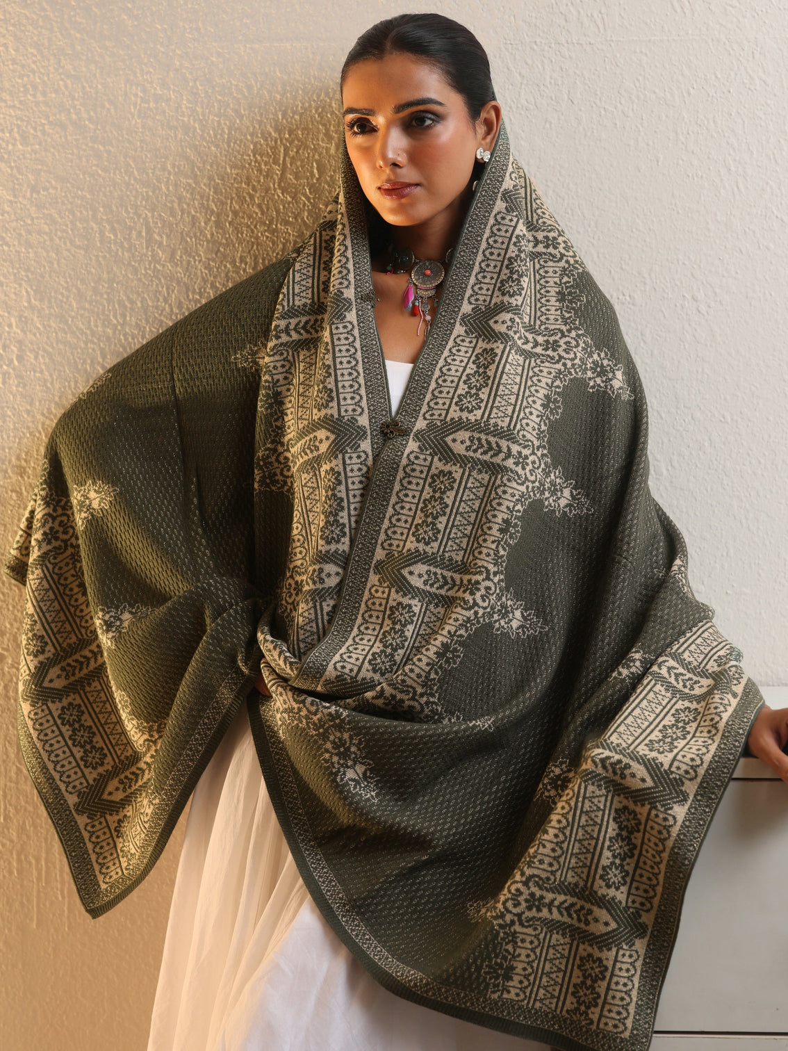 Mameraa Muted Moss Green Knitted Acrylic Wrap Shawl