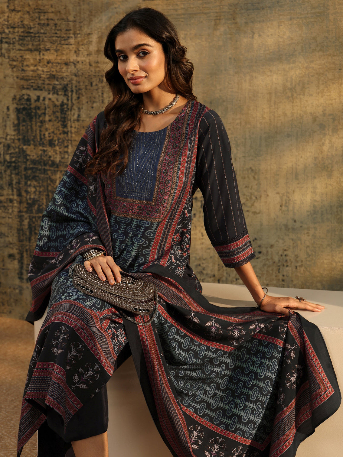 Mameraa Navy Blue Ajrakh Silk Blend Straight Suit Set
