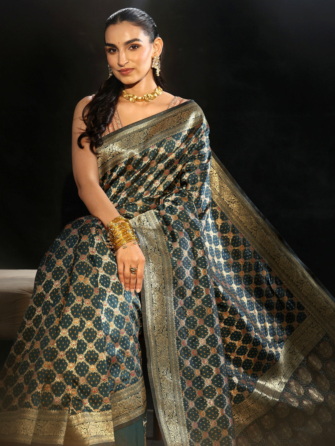 Mameraa Navy Blue Banarasi Silk Blend Saree