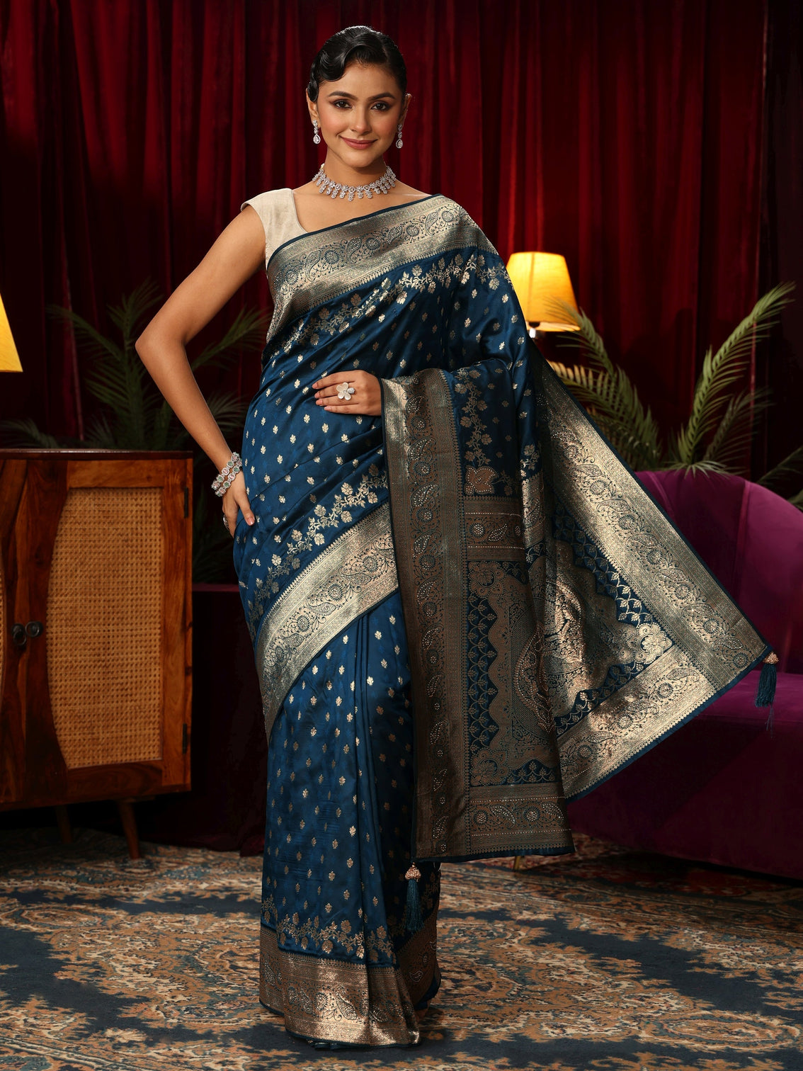Mameraa Navy Blue Banarasi Silk Blend Saree