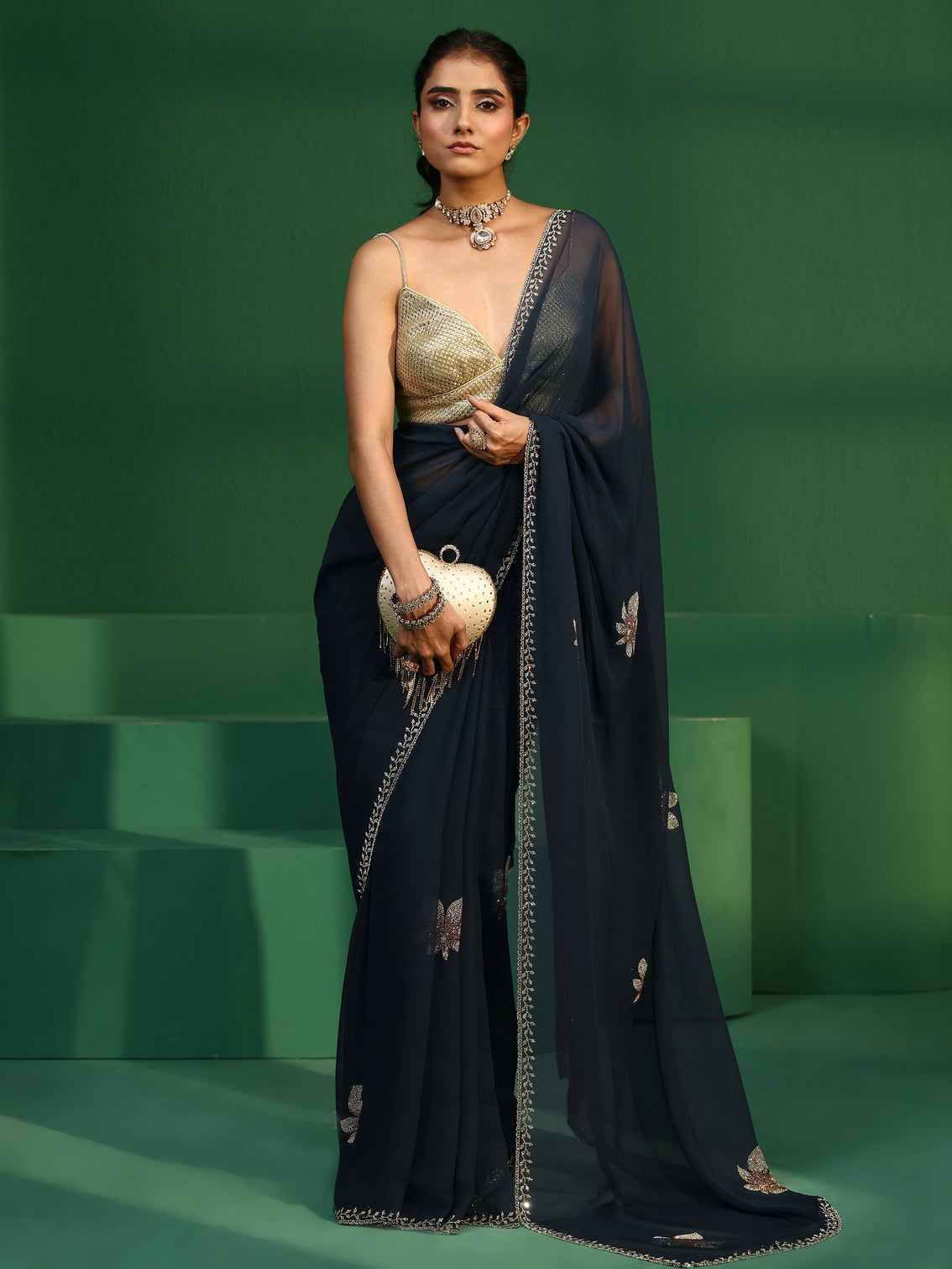 Mameraa Navy Blue Embellished Georgette Saree