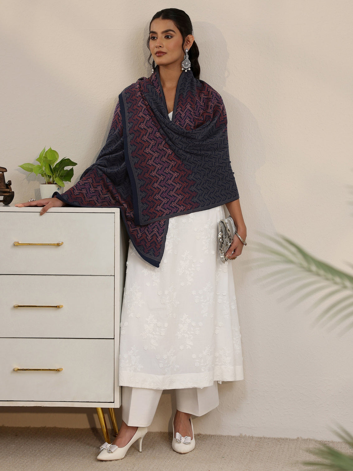 Mameraa Navy Blue Ethnic Embroidered Acrylic Shawl