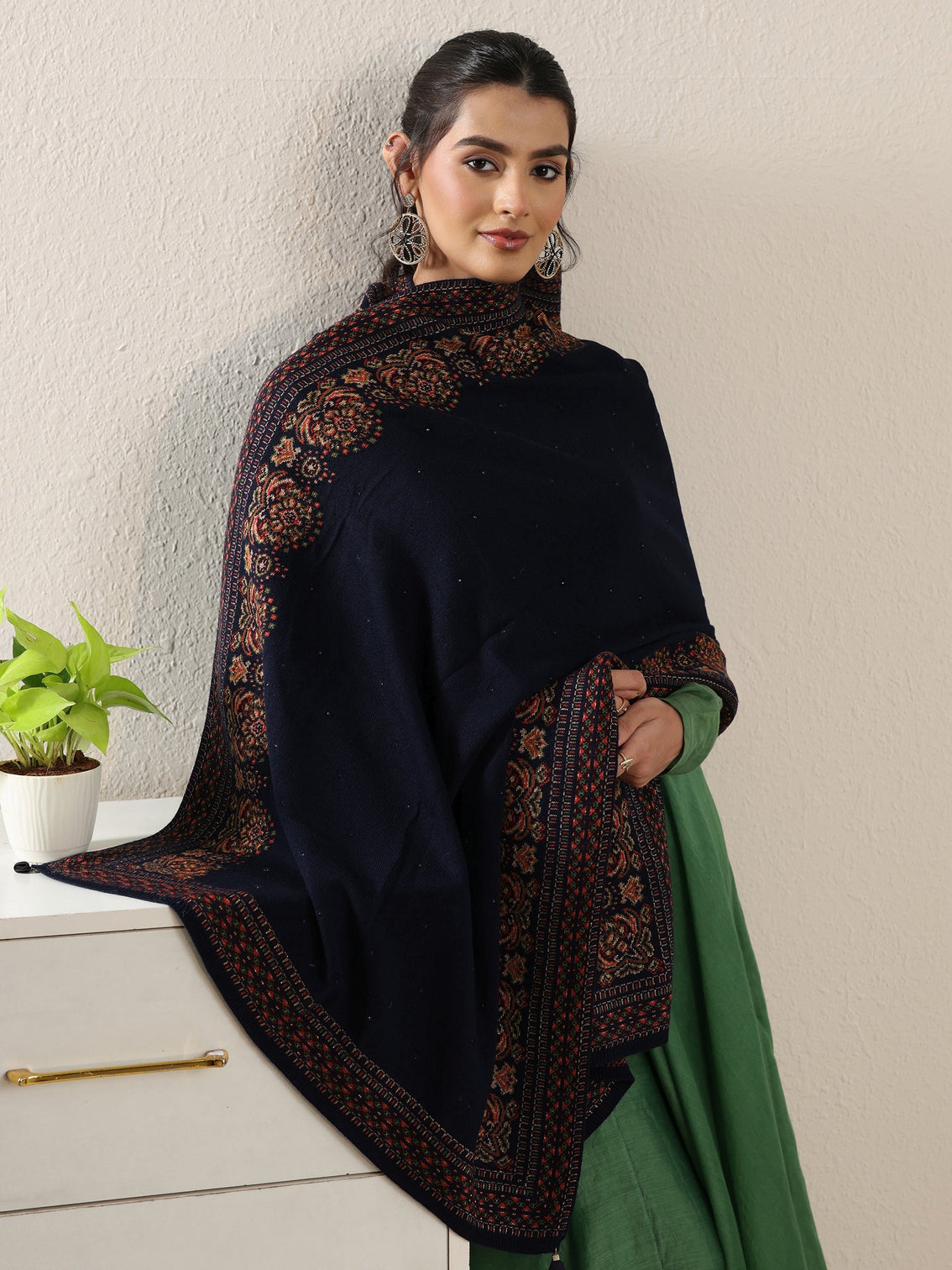 Mameraa Navy Blue Ethnic Knitted Acrylic Wrap Shawl
