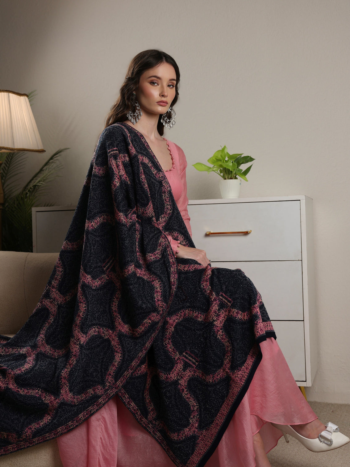 Mameraa Navy Blue Ethnic Knitted Acrylic Wrap Shawl