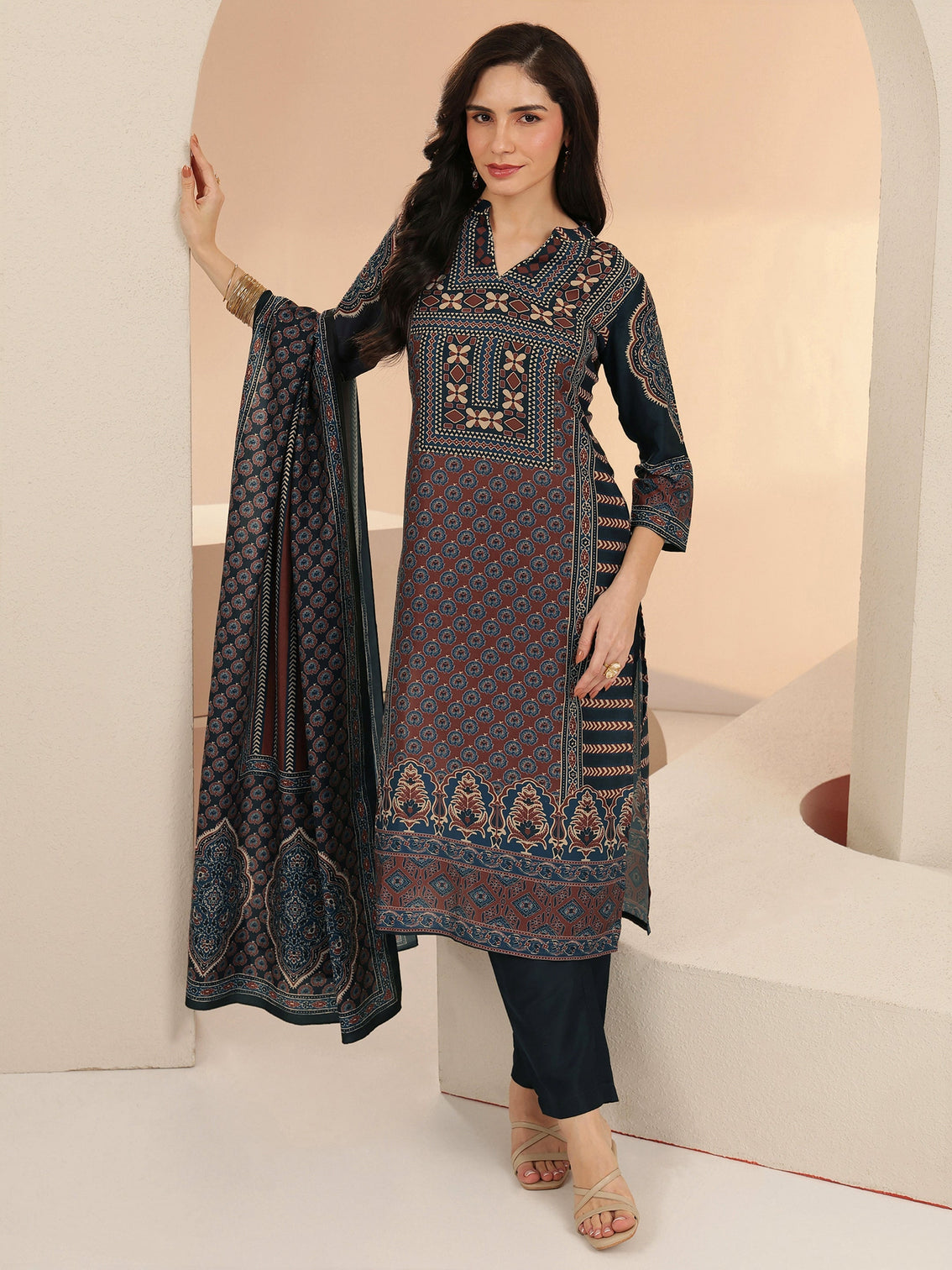 Mameraa Maroon Ethnic Print Cotton Blend Straight Suit Set