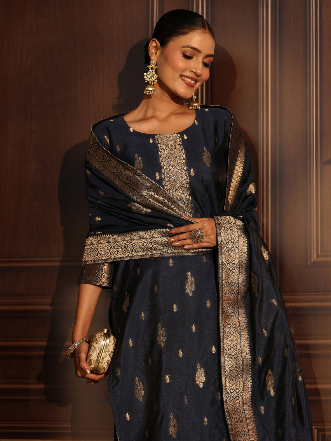 Mameraa Navy Blue Ethnic Woven Chanderi Silk Straight Suit Set