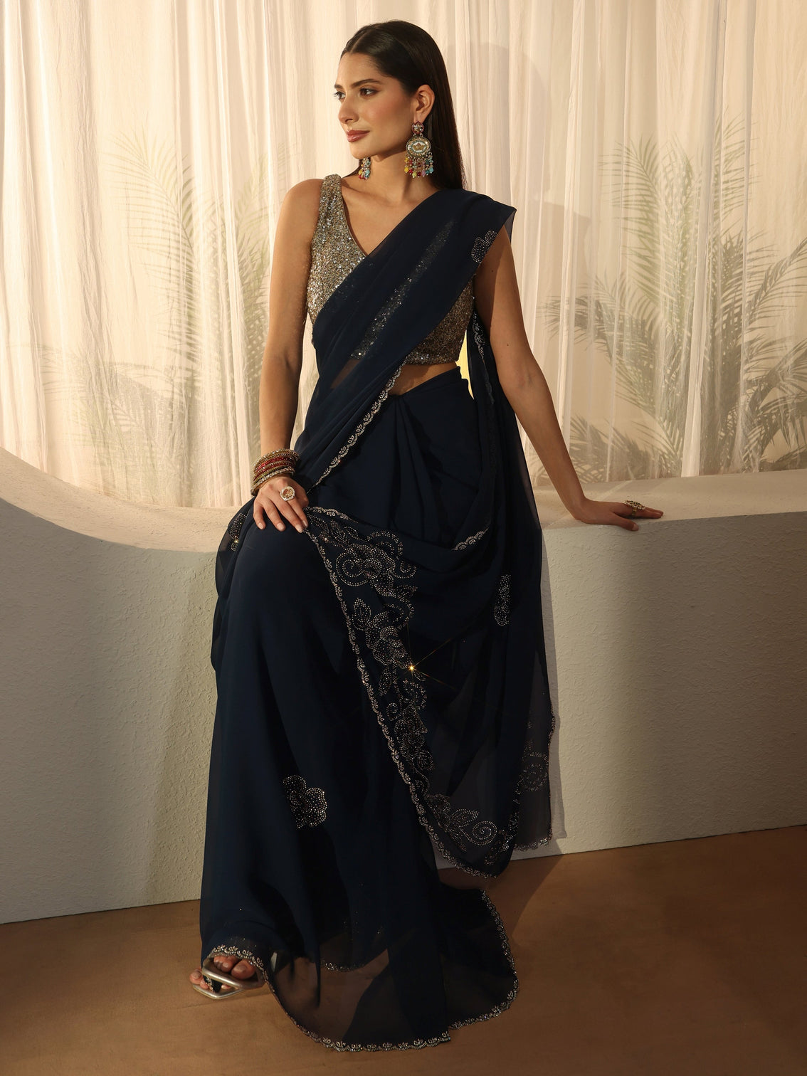 Mameraa Navy Blue Floral Embellished Georgette Saree