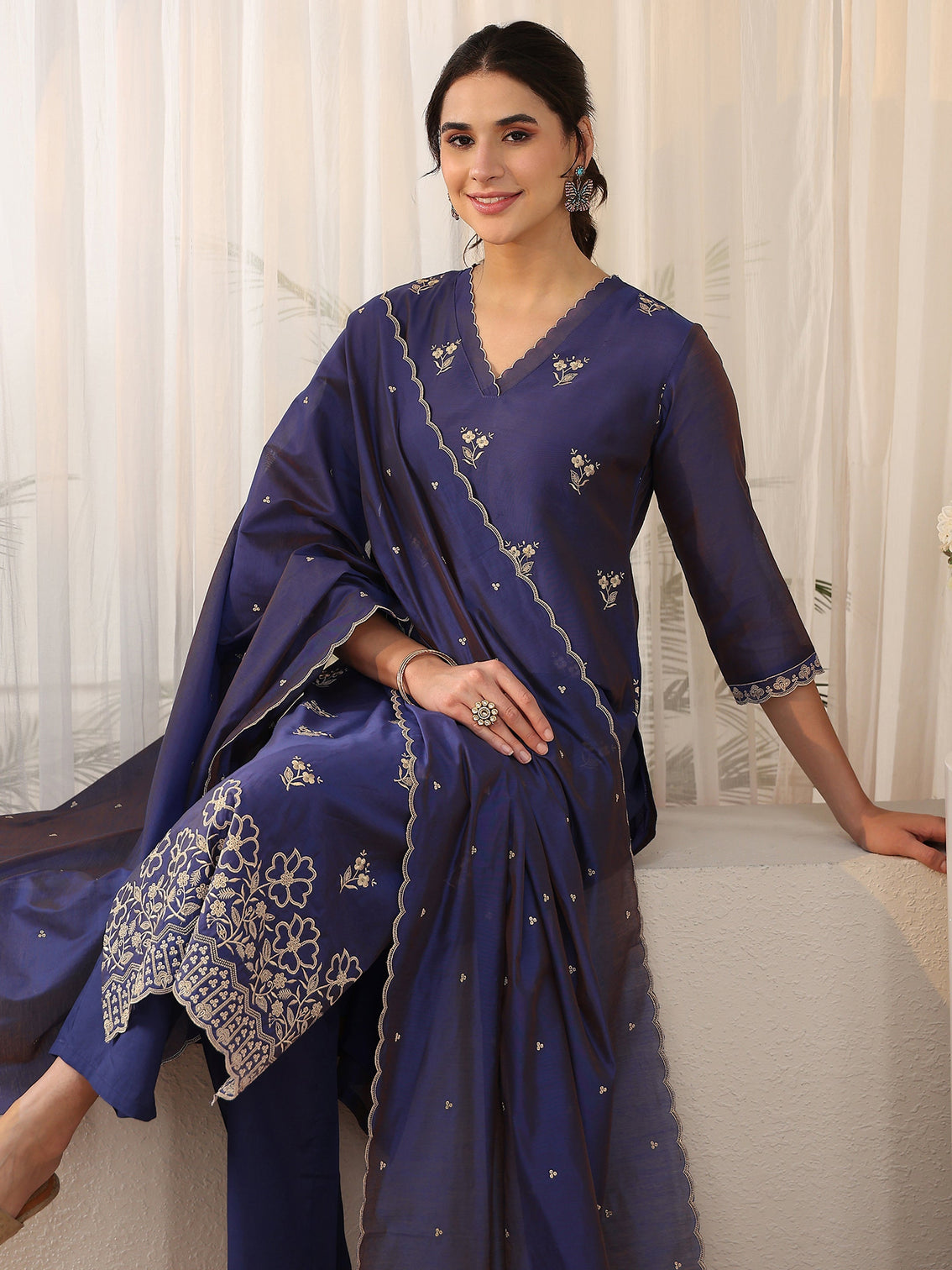 Mameraa Navy Blue Floral Embroidered Chanderi Silk Straight Suit Set
