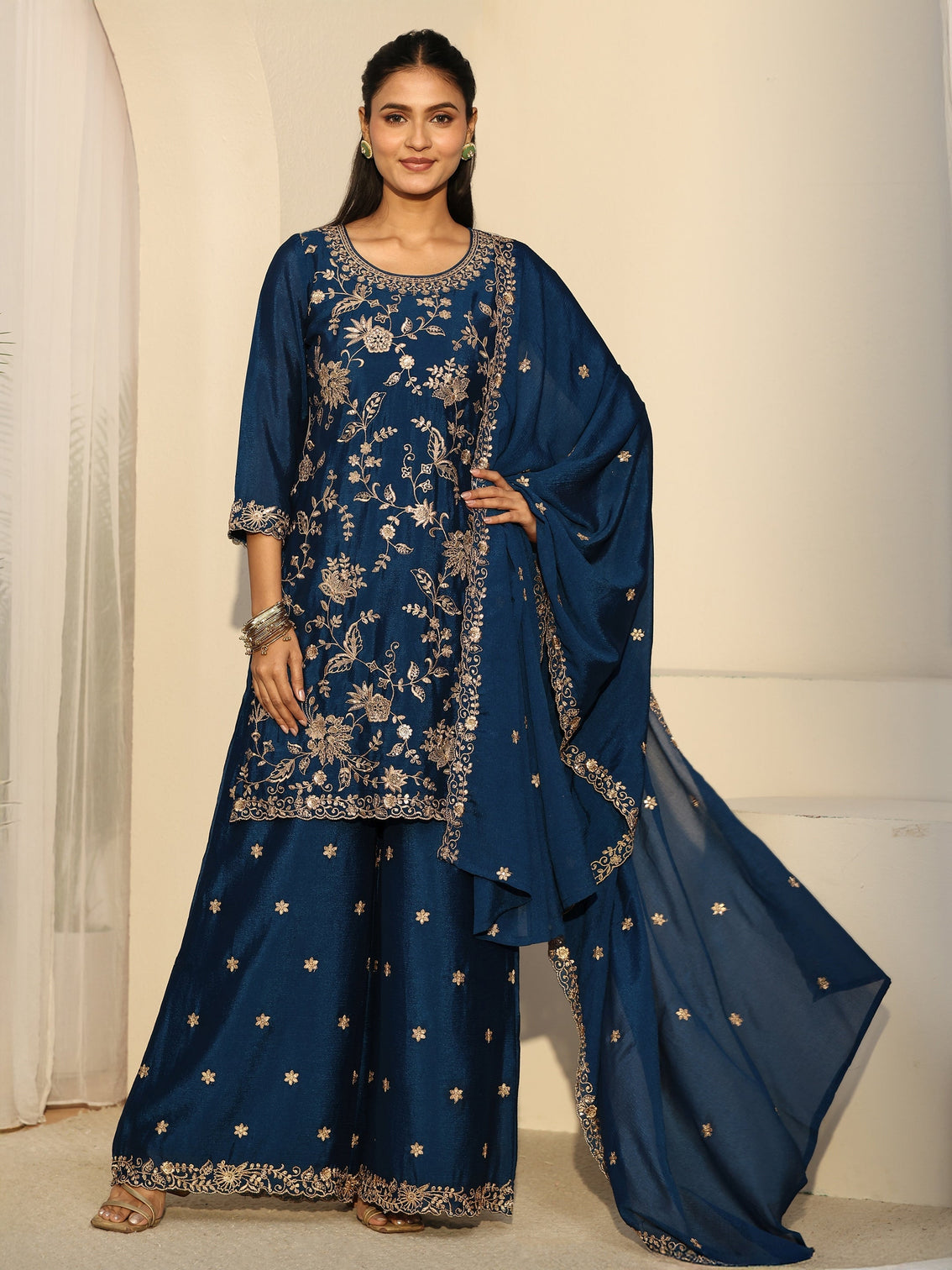 Mameraa Navy Blue Floral Embroidered Chinon Palazzo Suit Set