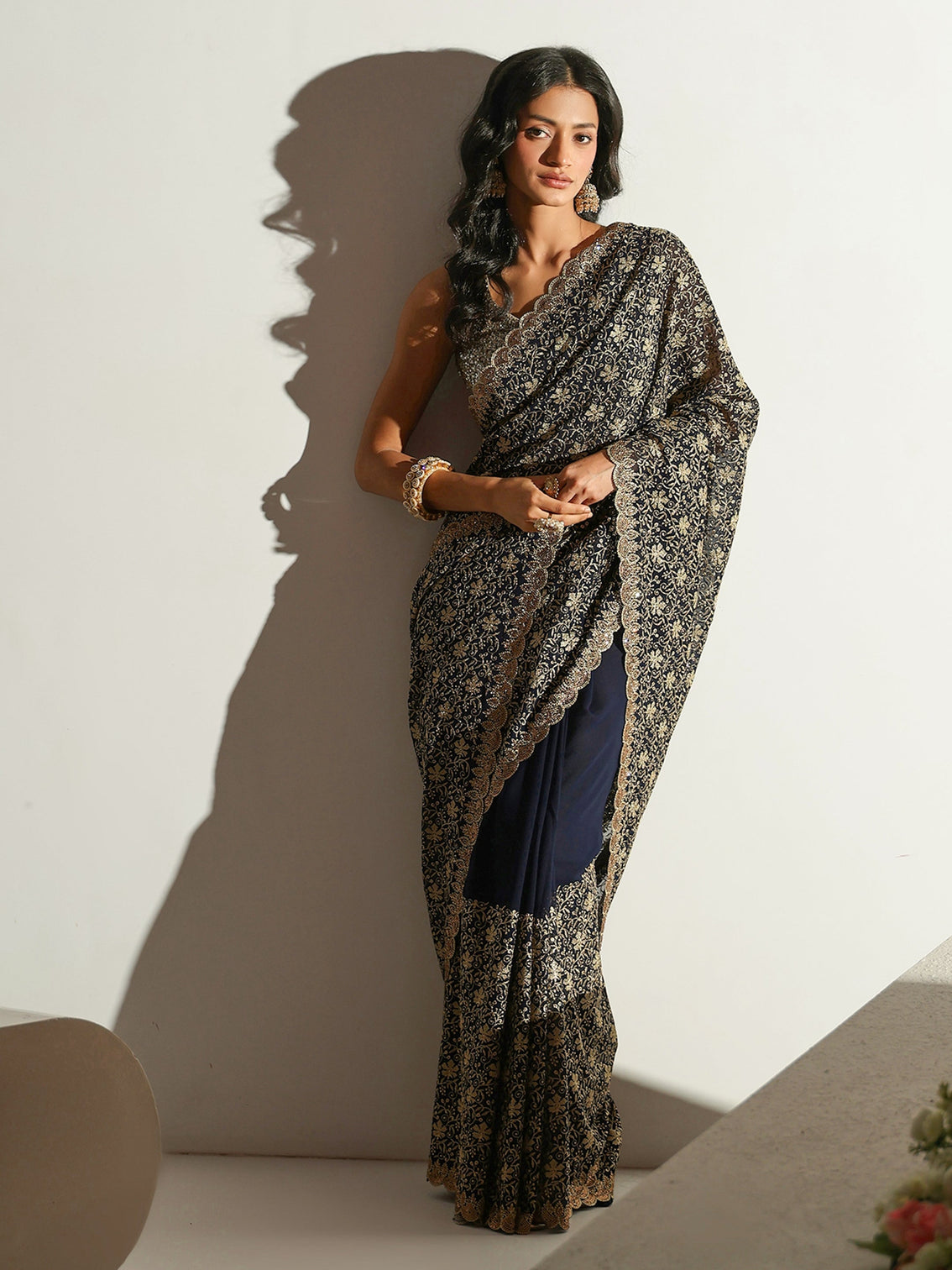 Mameraa Navy Blue Floral Embroidered Georgette Saree