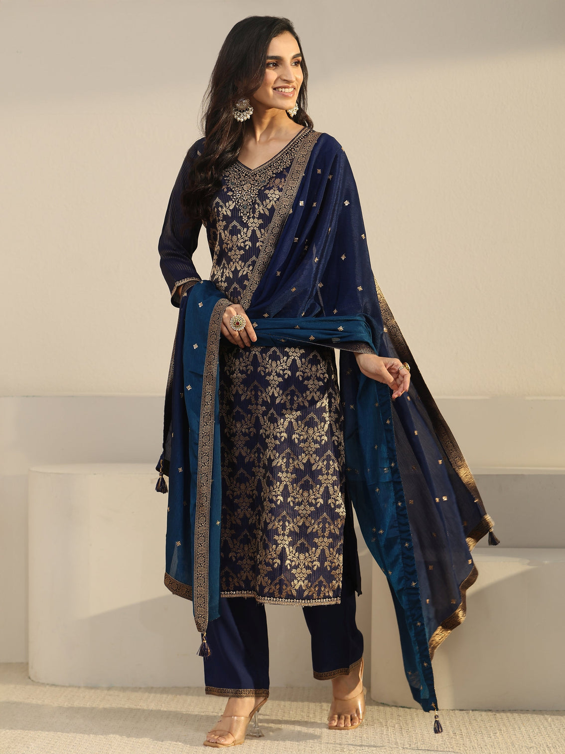 Mameraa Navy Blue Floral Embroidered Silk Blend Straight Suit Set