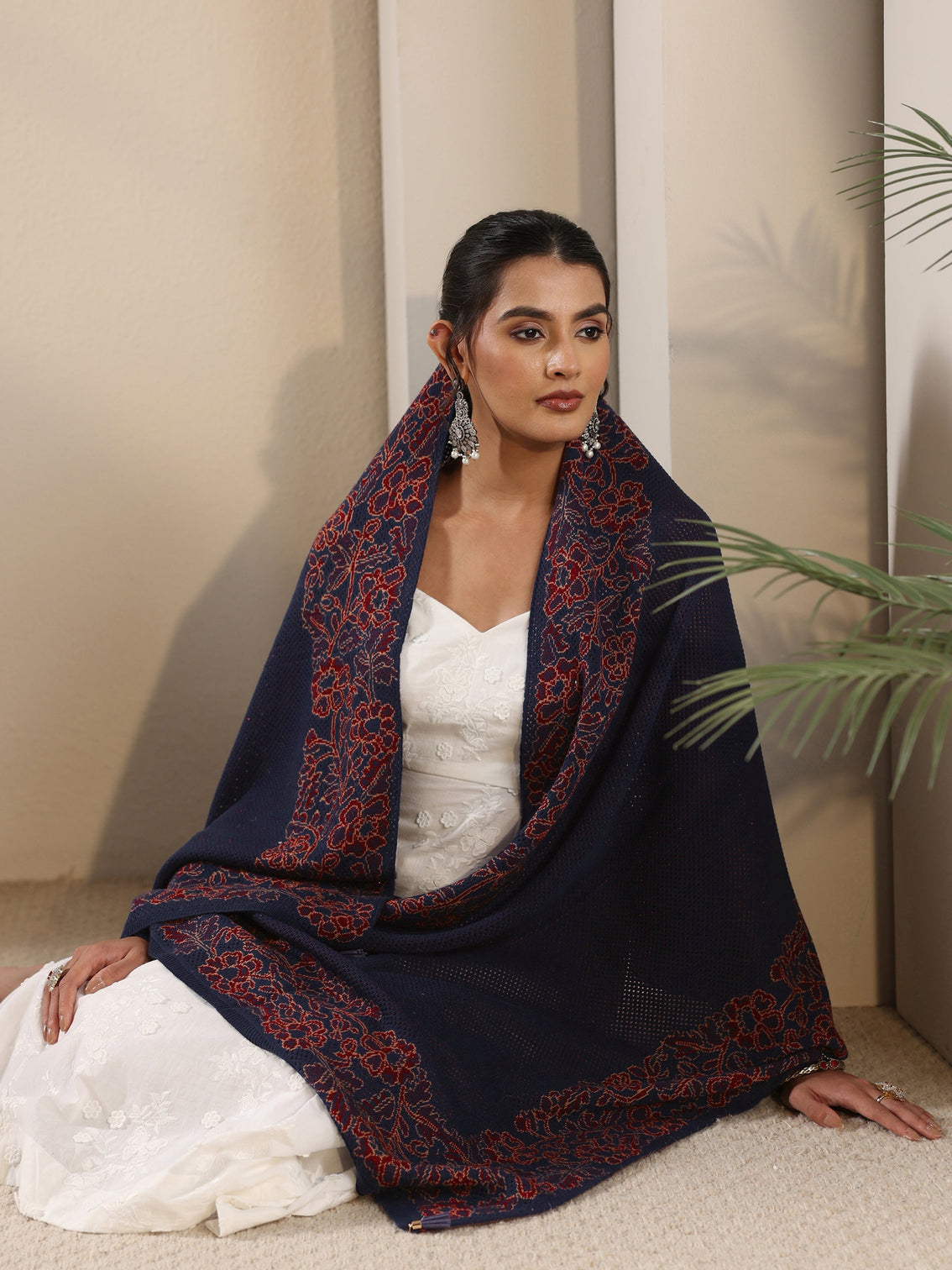 Mameraa Navy Blue Floral Mesh Knitted Acrylic Wrap Shawl