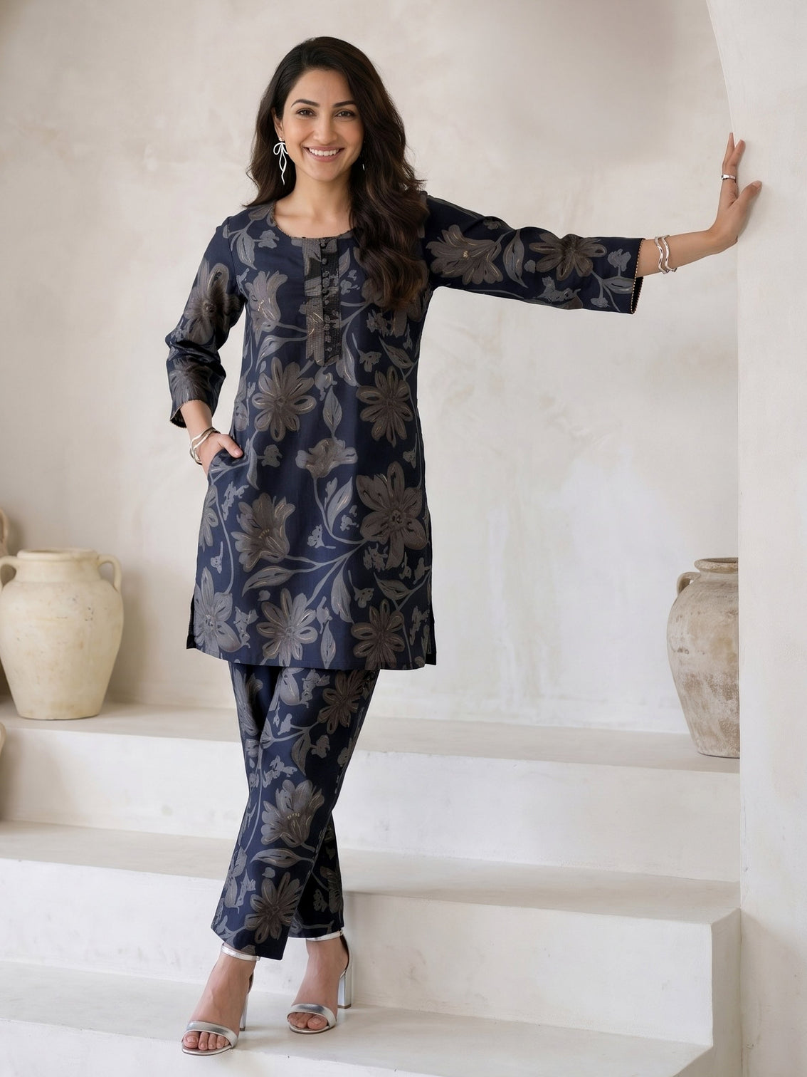 Mameraa Navy Blue Floral Printed Silk Blend Co-Ord Set