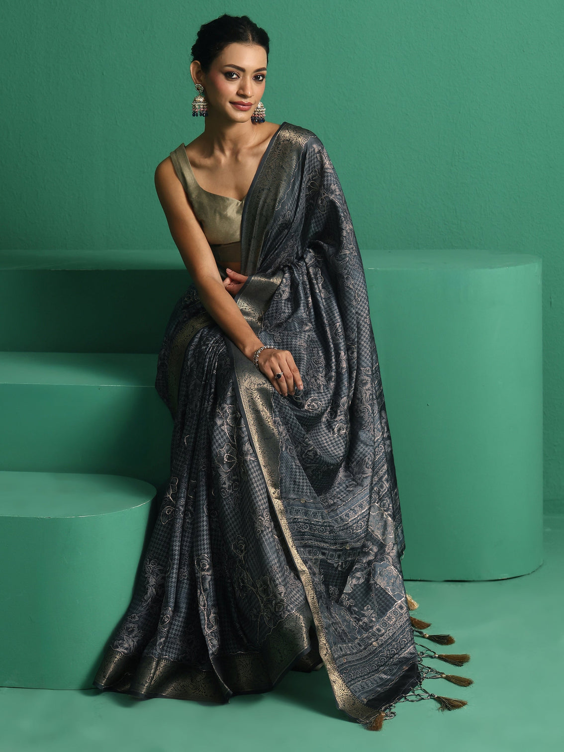 Mameraa Navy Blue Floral Printed Silk Blend Saree with Woven Design Border - Mameraa
