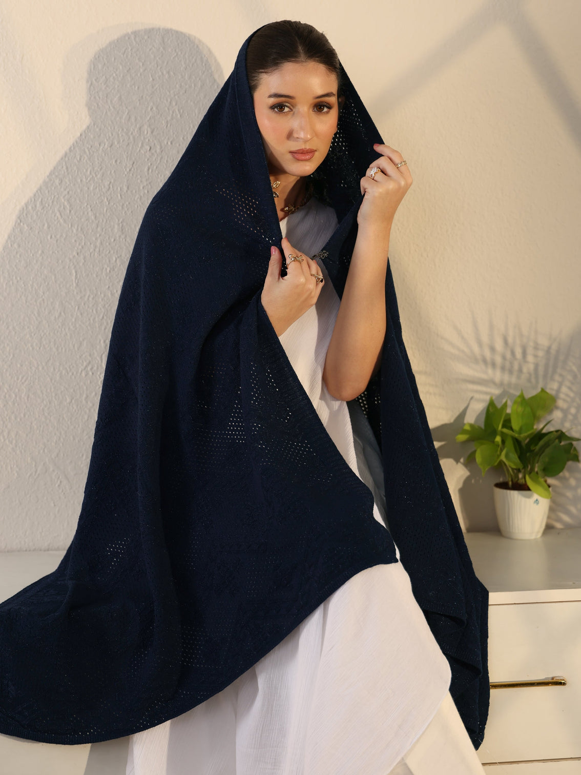 Mameraa Navy Blue Knitted Acrylic Wrap Shawl