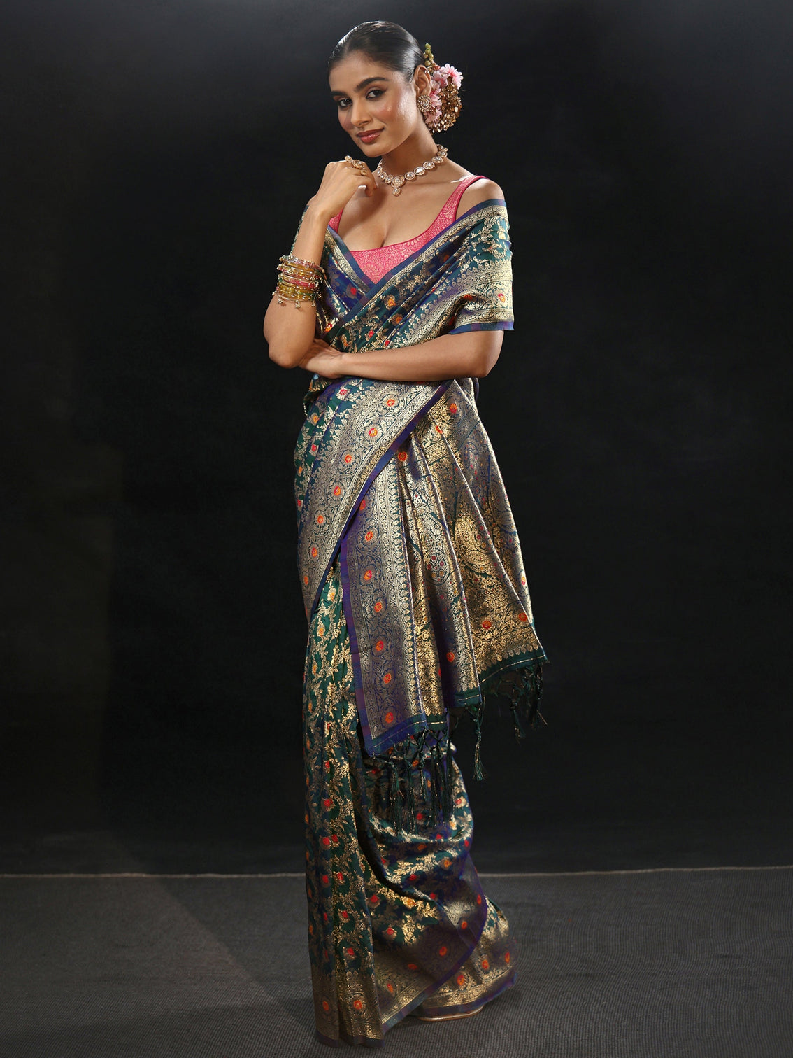 Mameraa Navy Blue Meenakari Banarasi Silk Blend Saree