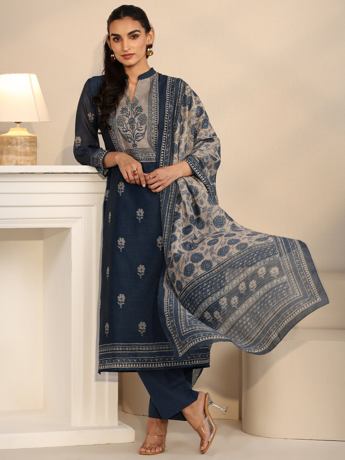 Mameraa Navy Blue Printed Yoke Chanderi Silk Straight Suit Set