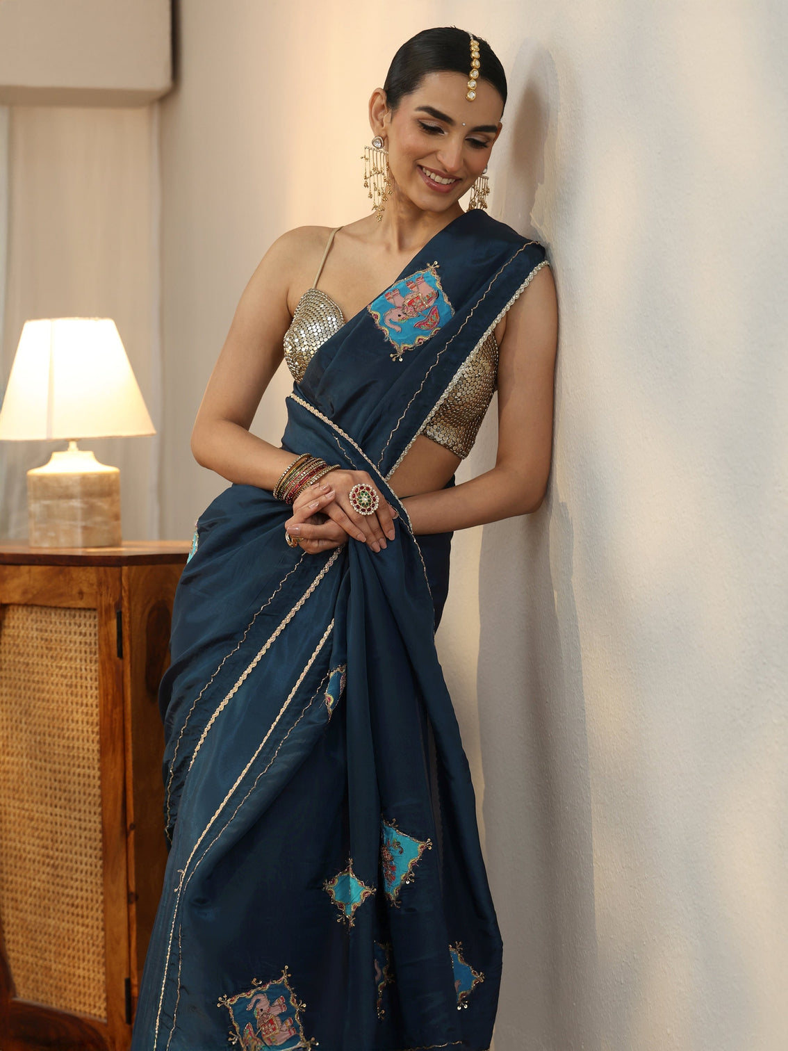 Mameraa Navy Blue Satin Saree with Applique Design