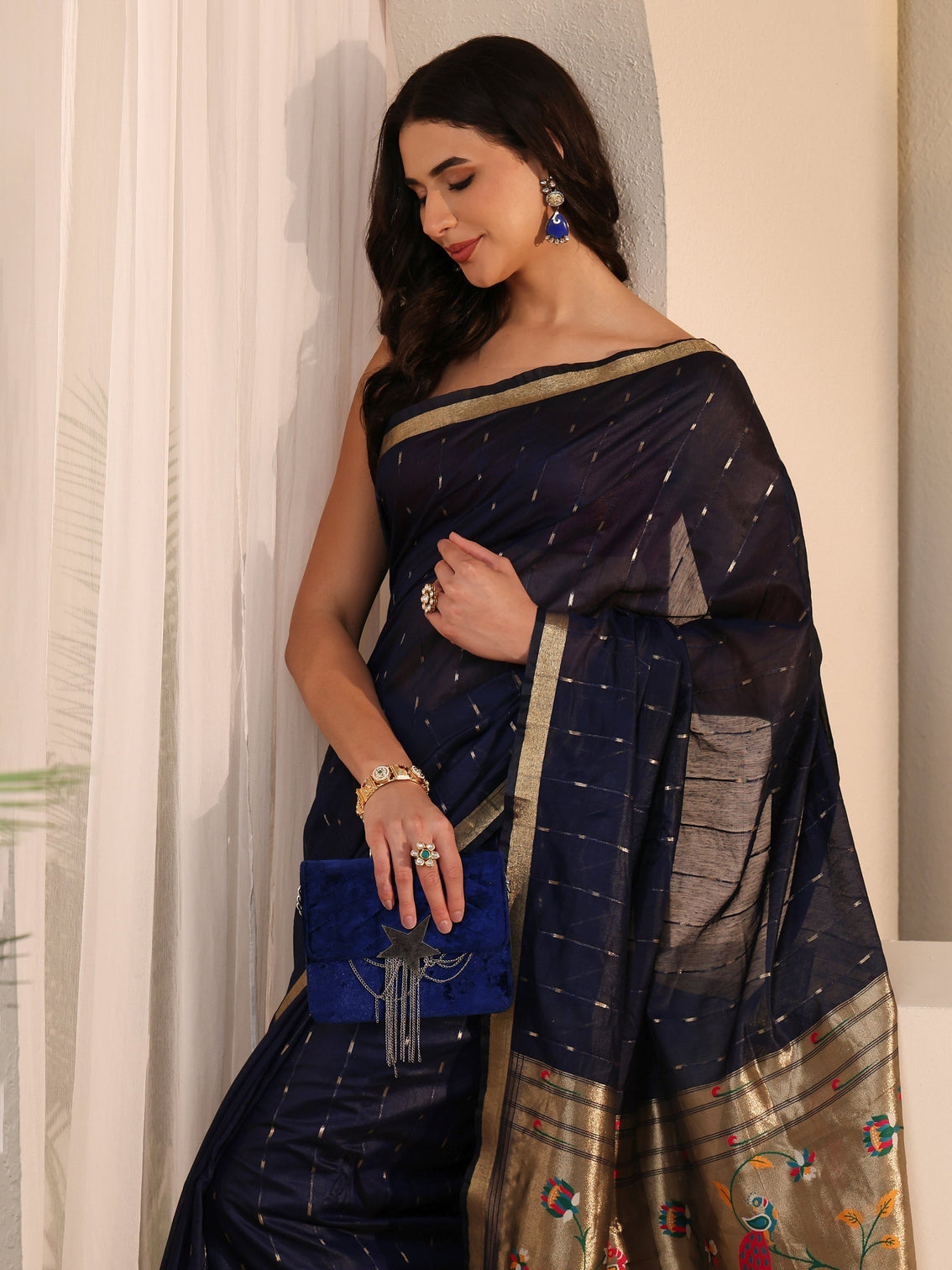 Mameraa Navy Blue Silk Blend Paithani Tassel Saree