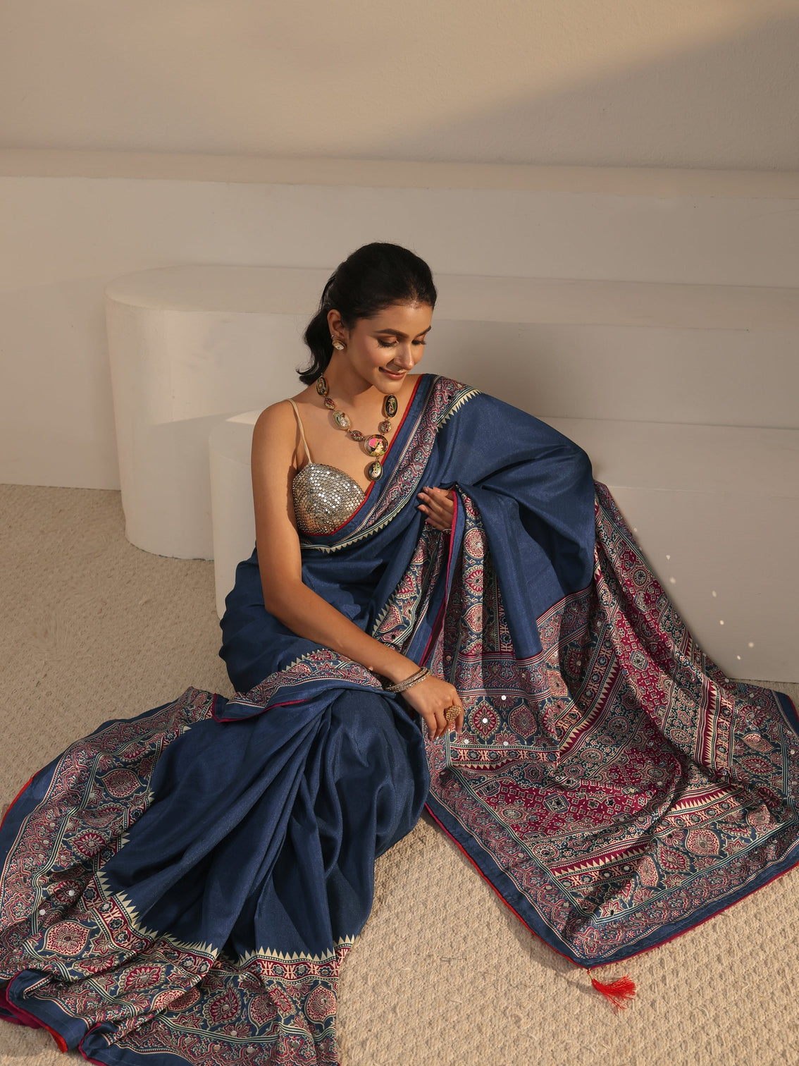 Mameraa Navy Blue Silk Blend Saree with Ajrakh Printed Pallu