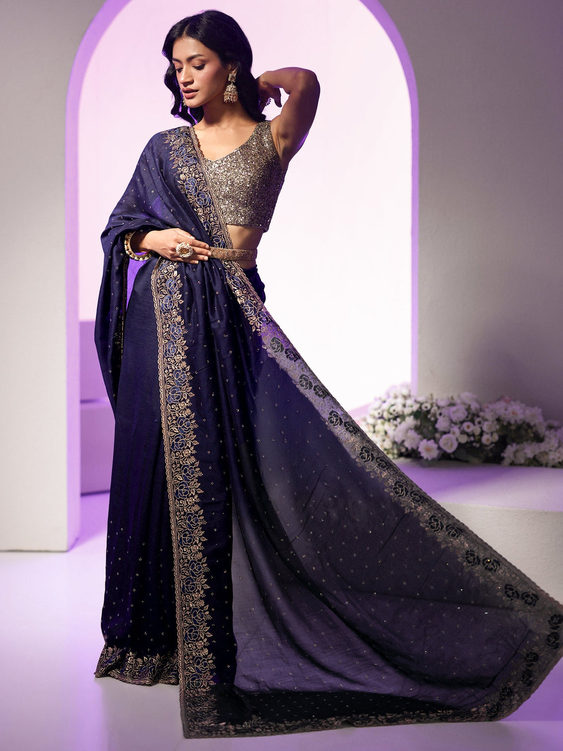 Mameraa Navy Blue Stone Work Embelllished Silk Blend Saree