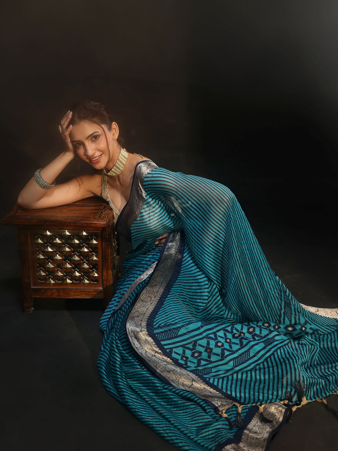 Mameraa Navy Blue Striped Chiffon Saree with Paisley Border