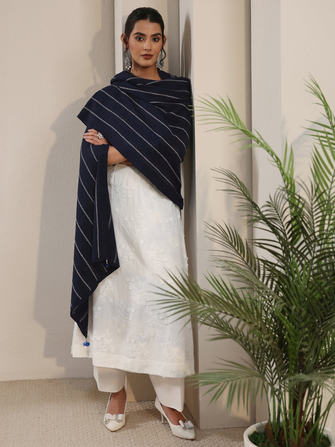 Mameraa Navy Blue Striped Embroidered Acrylic Wrap Shawl