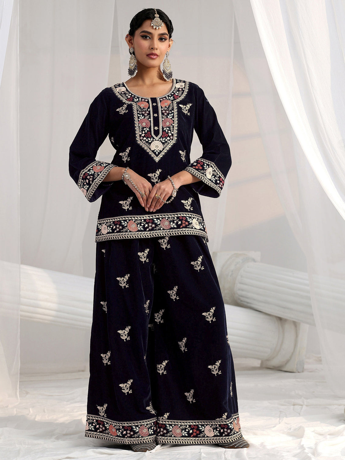 Mameraa Navy Blue Yoke Embroidered Design Velvet Co-Ord Set