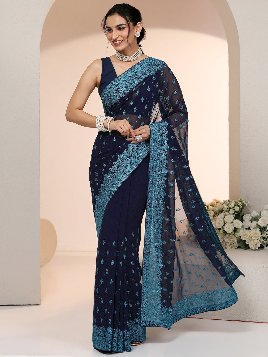 Mameraa Navy Embroidered Georgette Saree with Ethnic Motifs