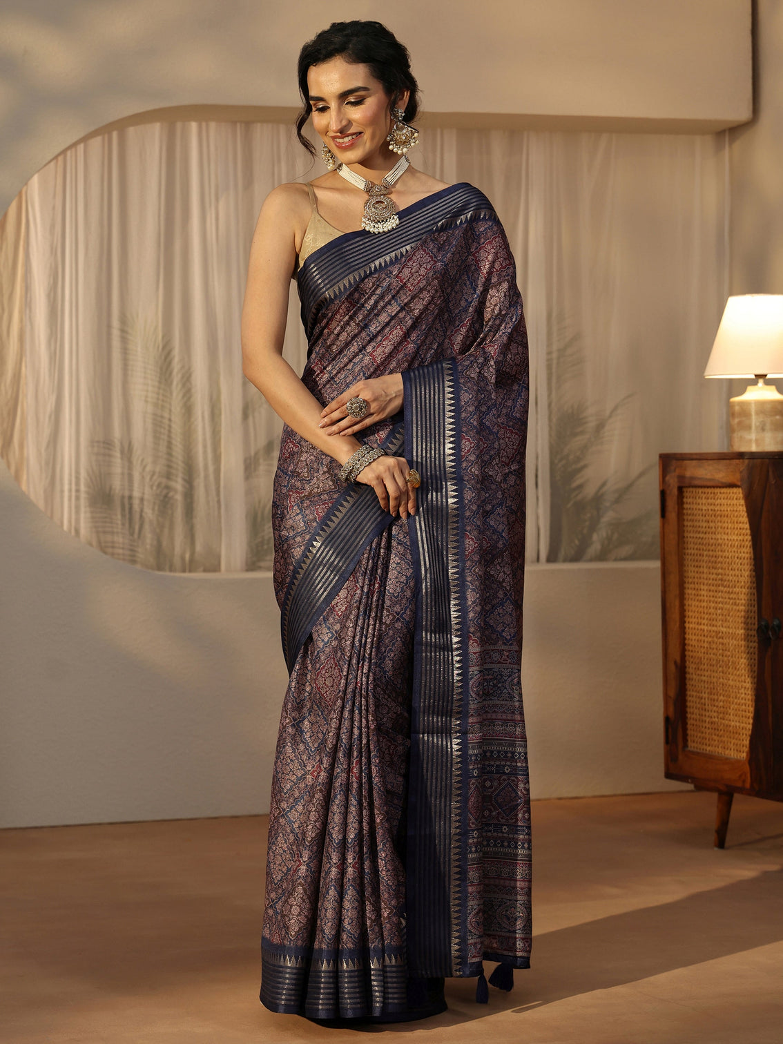 Mameraa Navy Floral Printed Silk Blend Saree with Temple Border