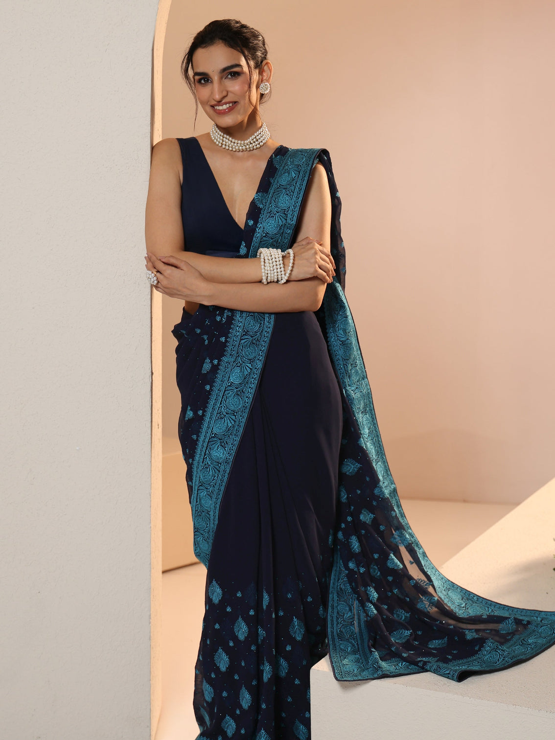 Mameraa Navy Georgette Saree with Embroidered Border