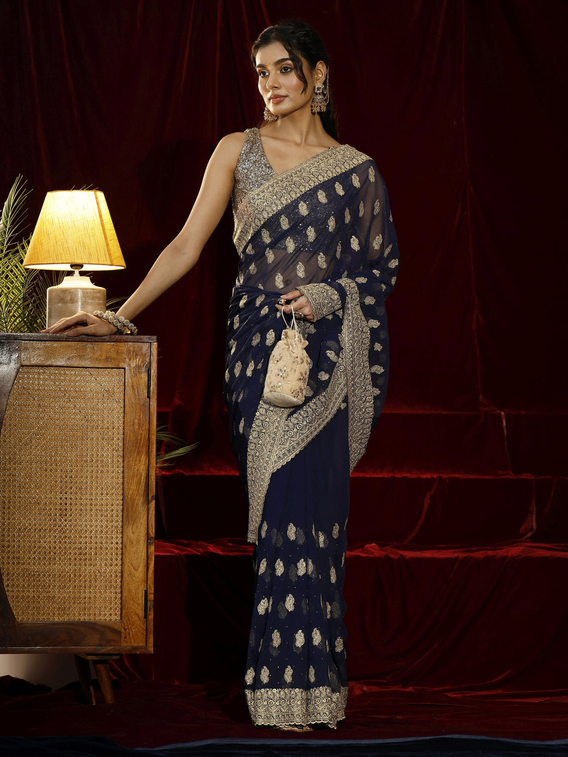 Mameraa Navy blue Embroidered Georgette Saree