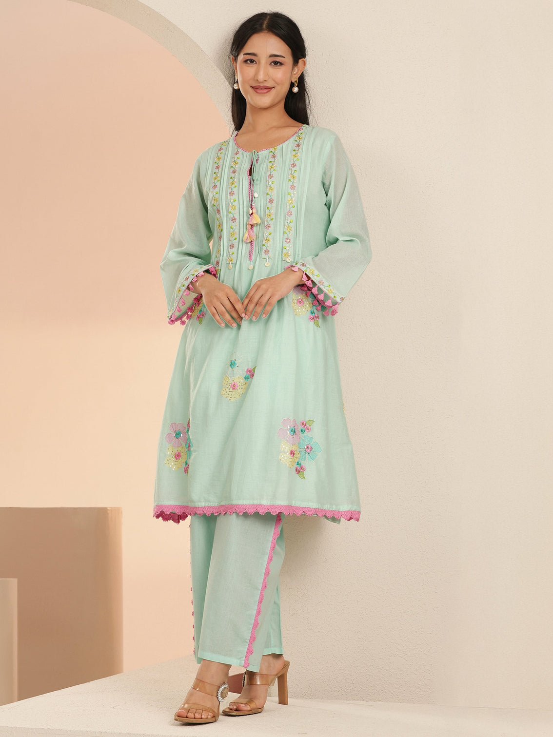 Mameraa Ocean Blue Floral Embroidered Cotton A-Line Kurta Set