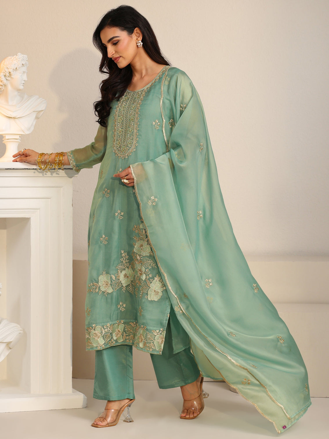 Mameraa Ocean Blue Floral Embroidered Organza Straight Suit Set